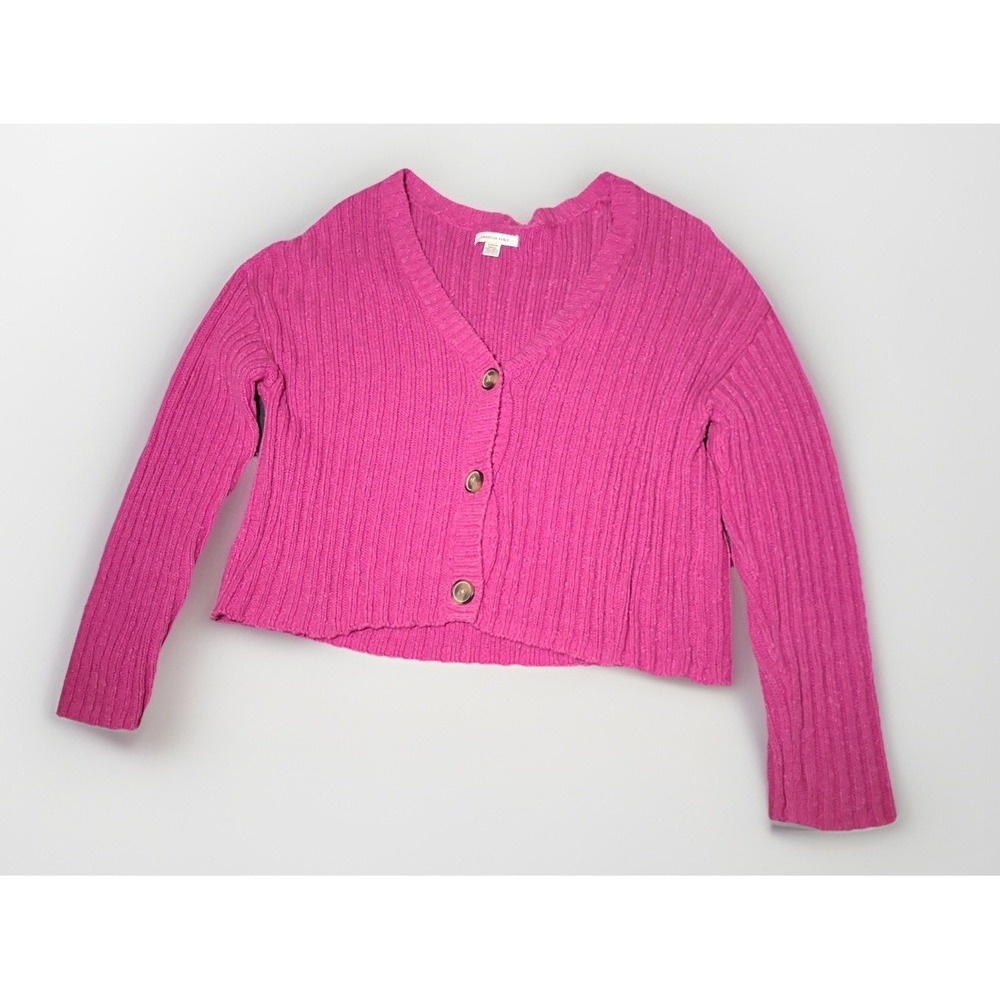 American Eagle Outfitters Ribbed Knit Cropped Cardigan Sweater Hot Pink Small